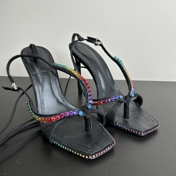 Schutz Vikki Rainbow Crystal Sandal Nubuck Leather Straps Black Size 8.5 - Picture 4 of 14